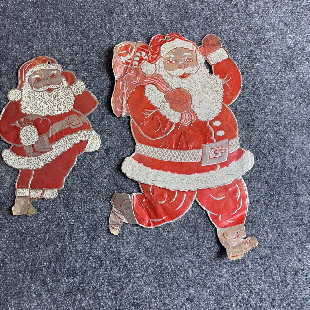 Vintage Foil Santa Claus Christmas Decorations Set of 2 Mid Century Retro MCM
